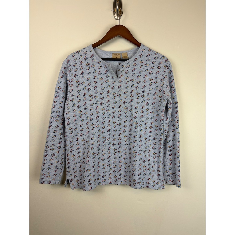 Mountain Lake Henley Top Small Light Blue Floral Thermal Waffle Knit Cotton
